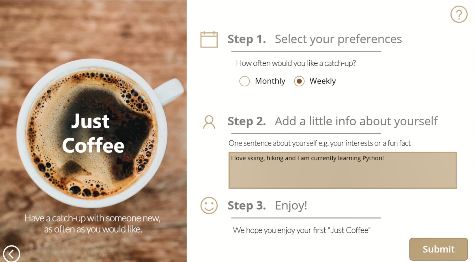 Screenshot of Just Coffee app sign up screen